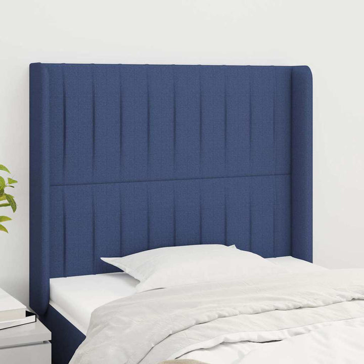 sengegavl med kanter 103x16x118/128 cm stof blå