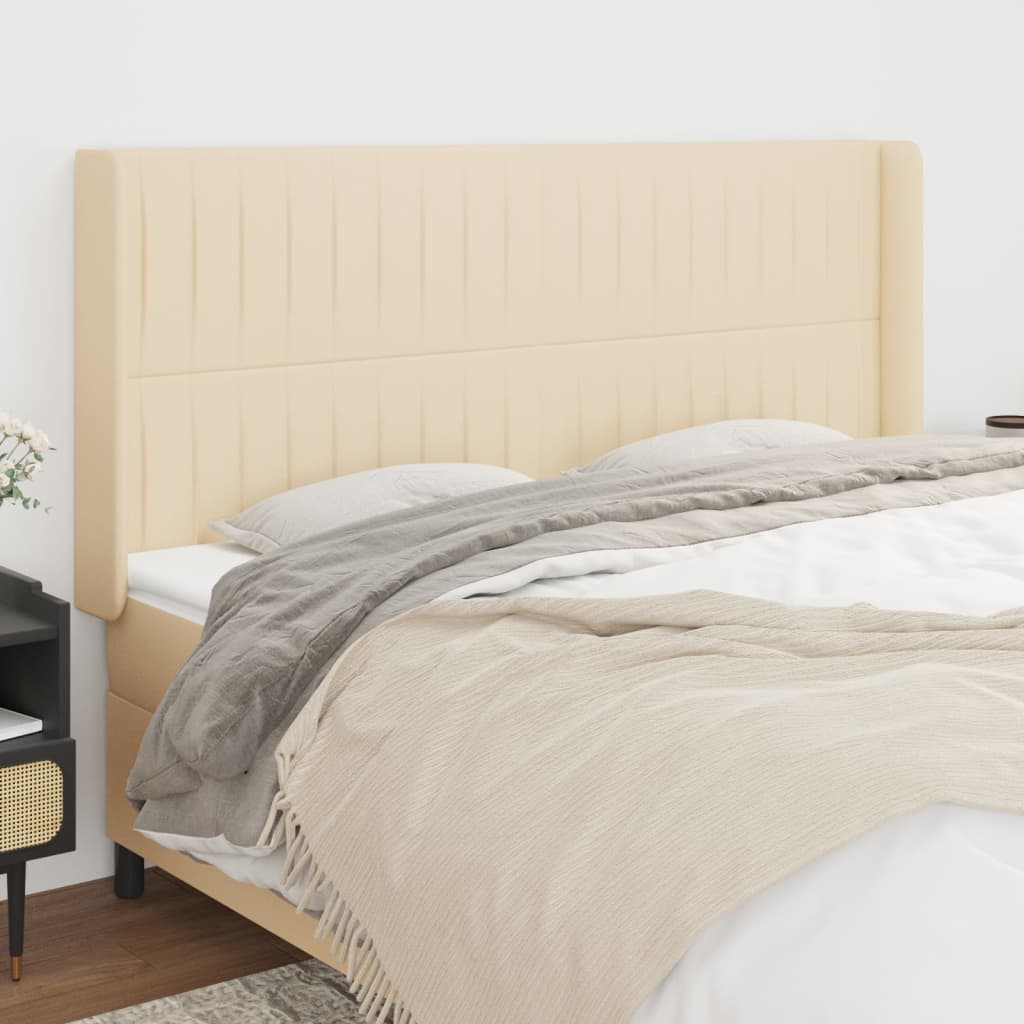 sengegavl med kanter 203x16x118/128 cm stof cremefarvet