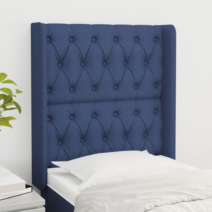 sengegavl med kanter 83x16x118/128 cm stof blå