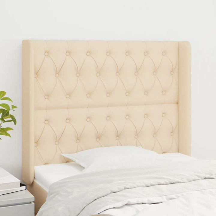 sengegavl med kanter 103x16x118/128 cm stof cremefarvet