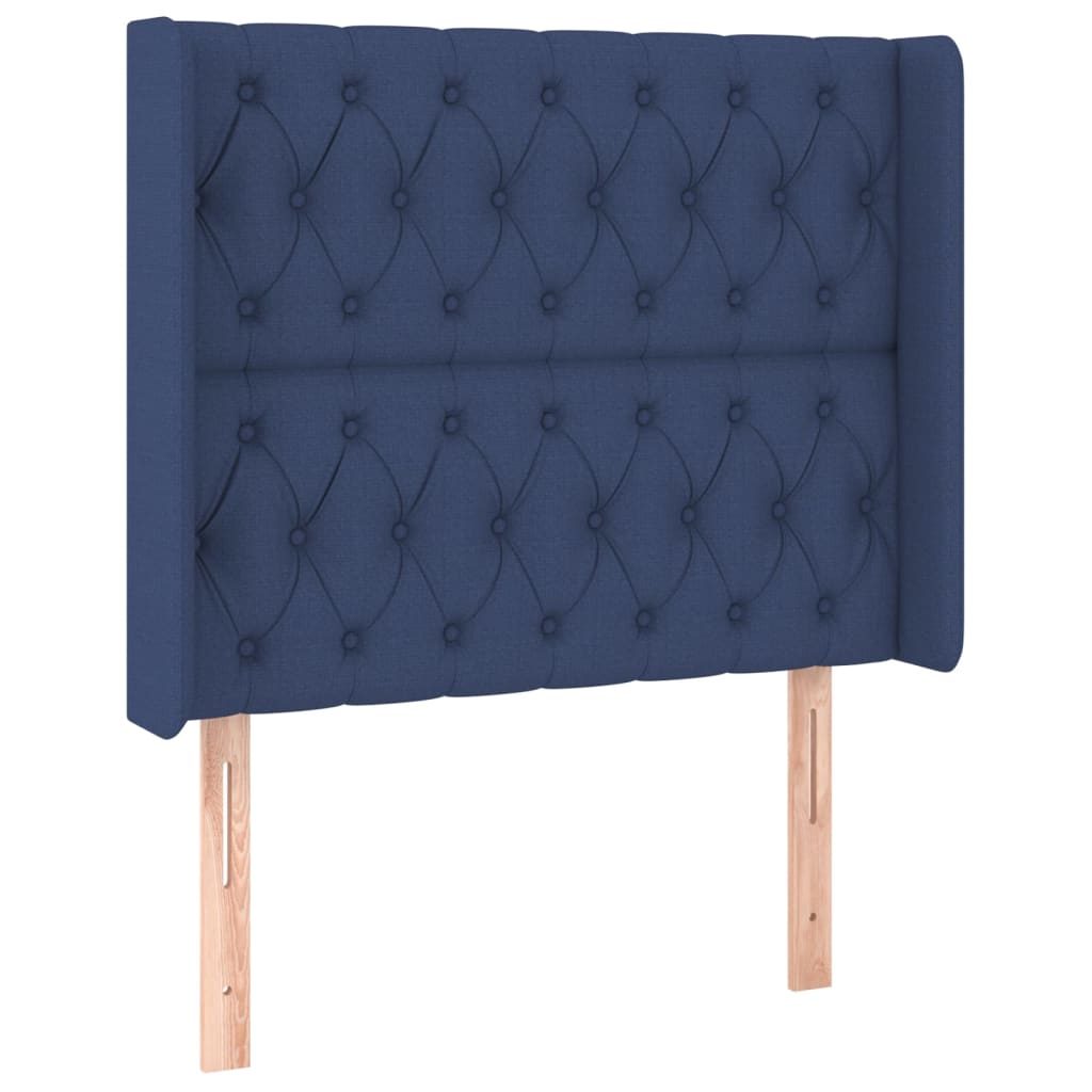 sengegavl med kanter 103x16x118/128 cm stof blå