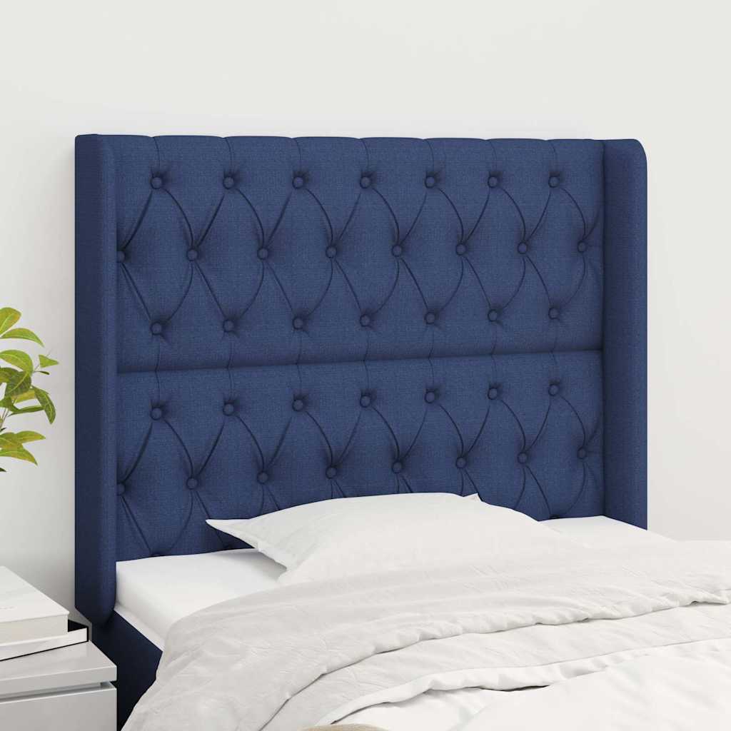 sengegavl med kanter 103x16x118/128 cm stof blå