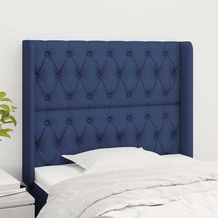 sengegavl med kanter 103x16x118/128 cm stof blå