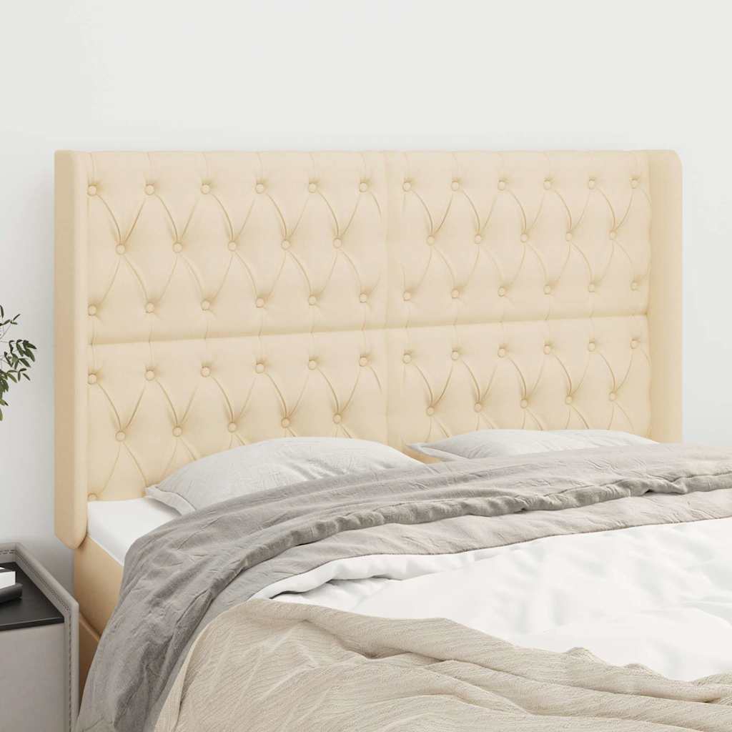 sengegavl med kanter 147x16x118/128 cm stof cremefarvet