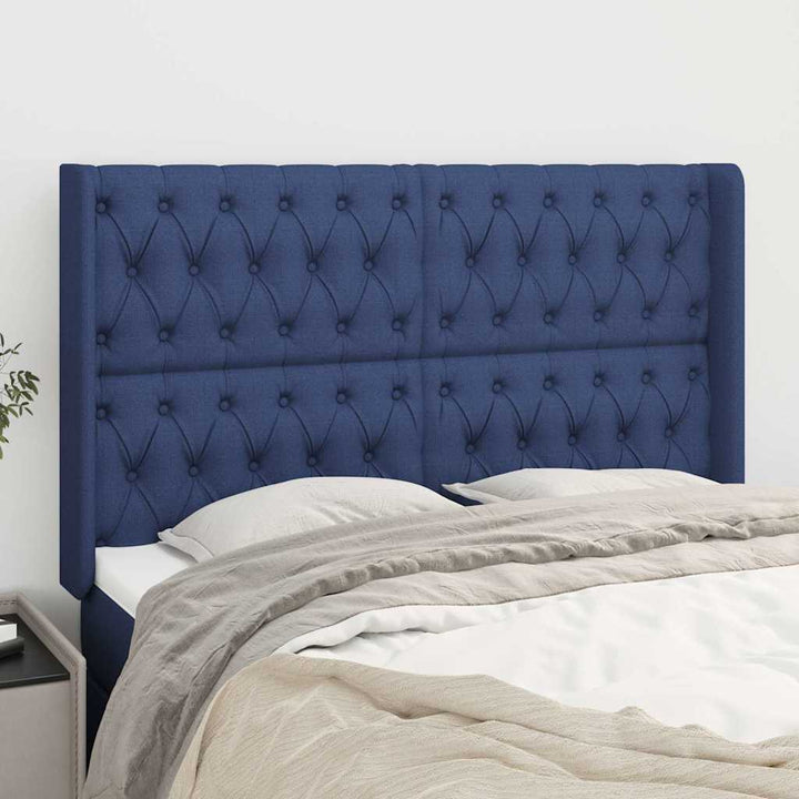 sengegavl med kanter 163x16x118/128 cm stof blå