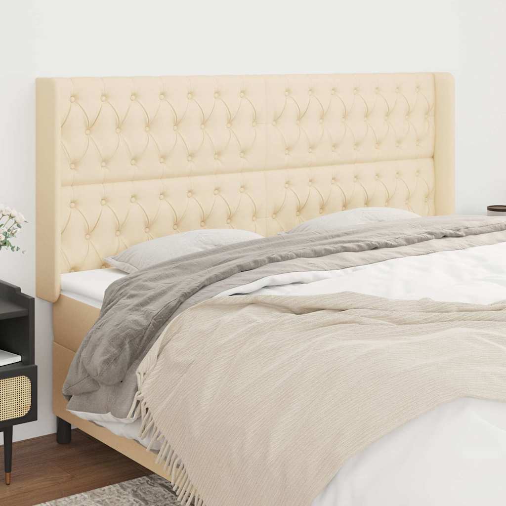 sengegavl med kanter 203x16x118/128 cm stof cremefarvet