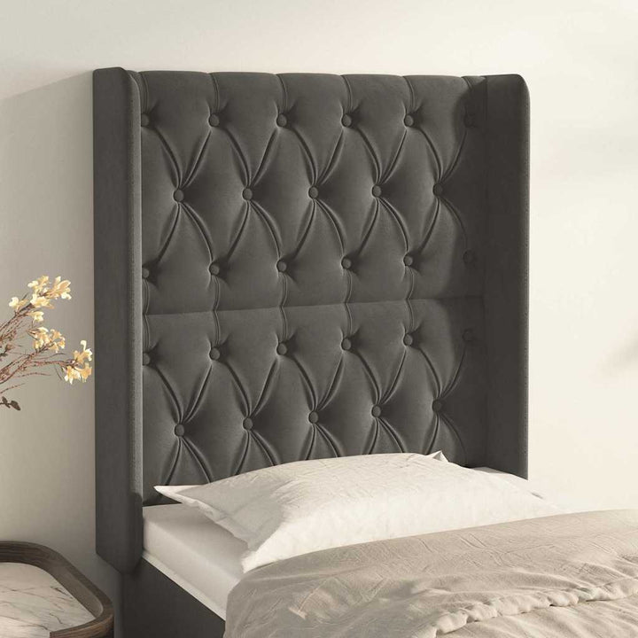 sengegavl med kanter 83x16x118/128 cm fløjl mørkegrå