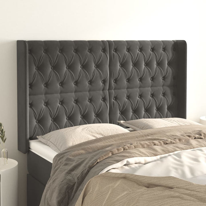 sengegavl med kanter 163x16x118/128 cm fløjl mørkegrå