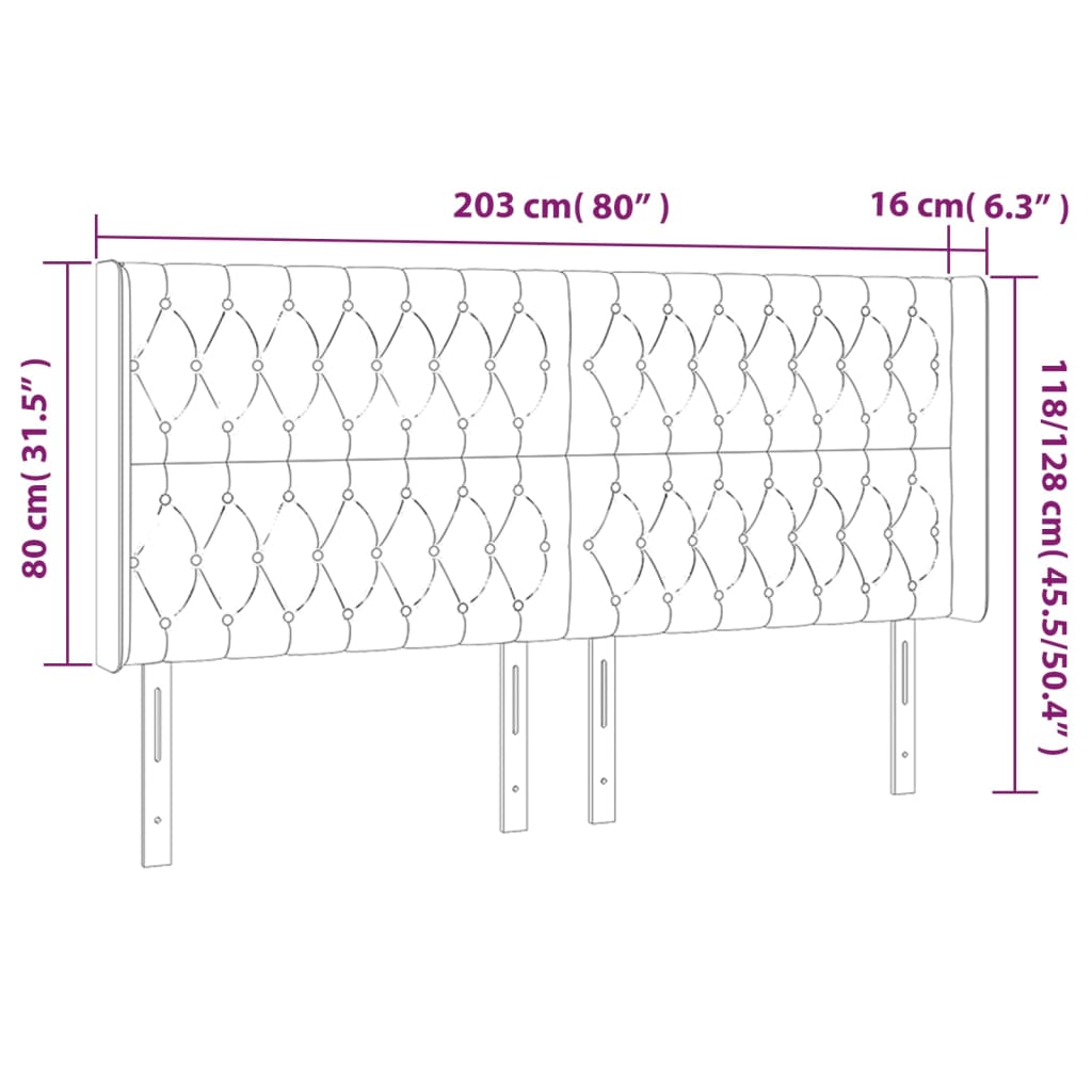sengegavl med kanter 203x16x118/128 cm fløjl mørkegrå