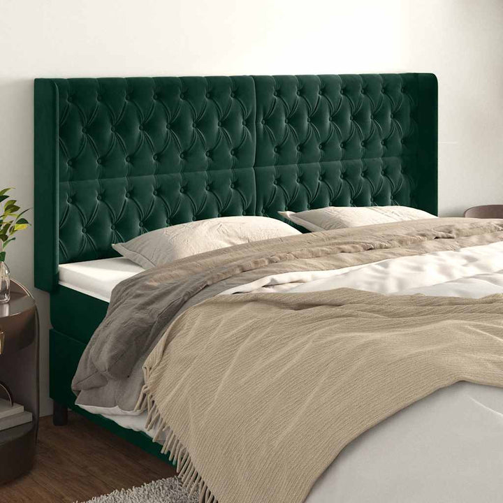 sengegavl med kanter 203x16x118/128 cm fløjl mørkegrøn