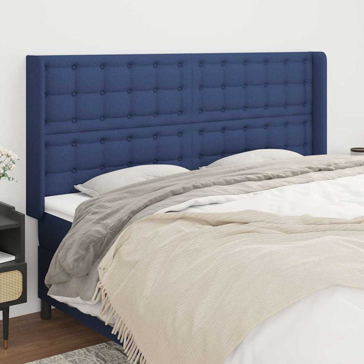 sengegavl med kanter 203x16x118/128 cm stof blå