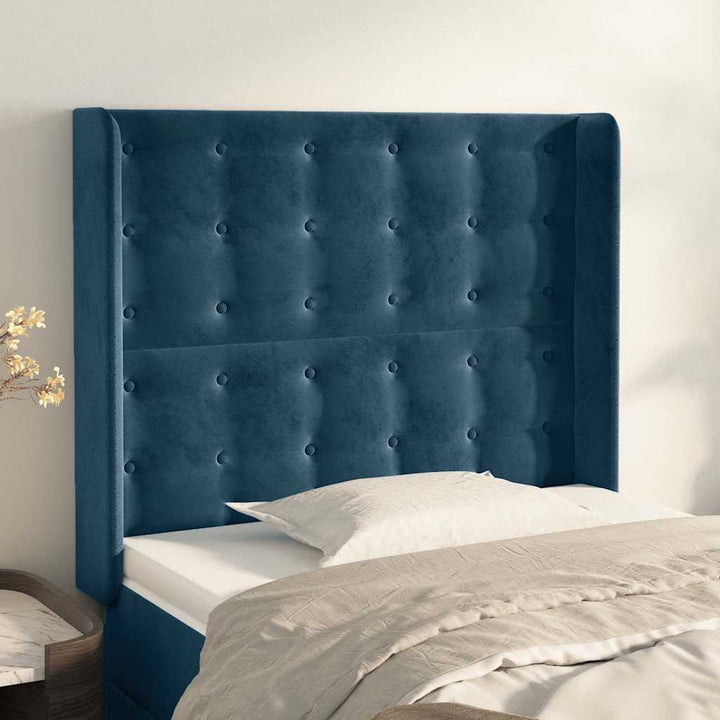 sengegavl med kanter 93x16x118/128 cm fløjl mørkeblå