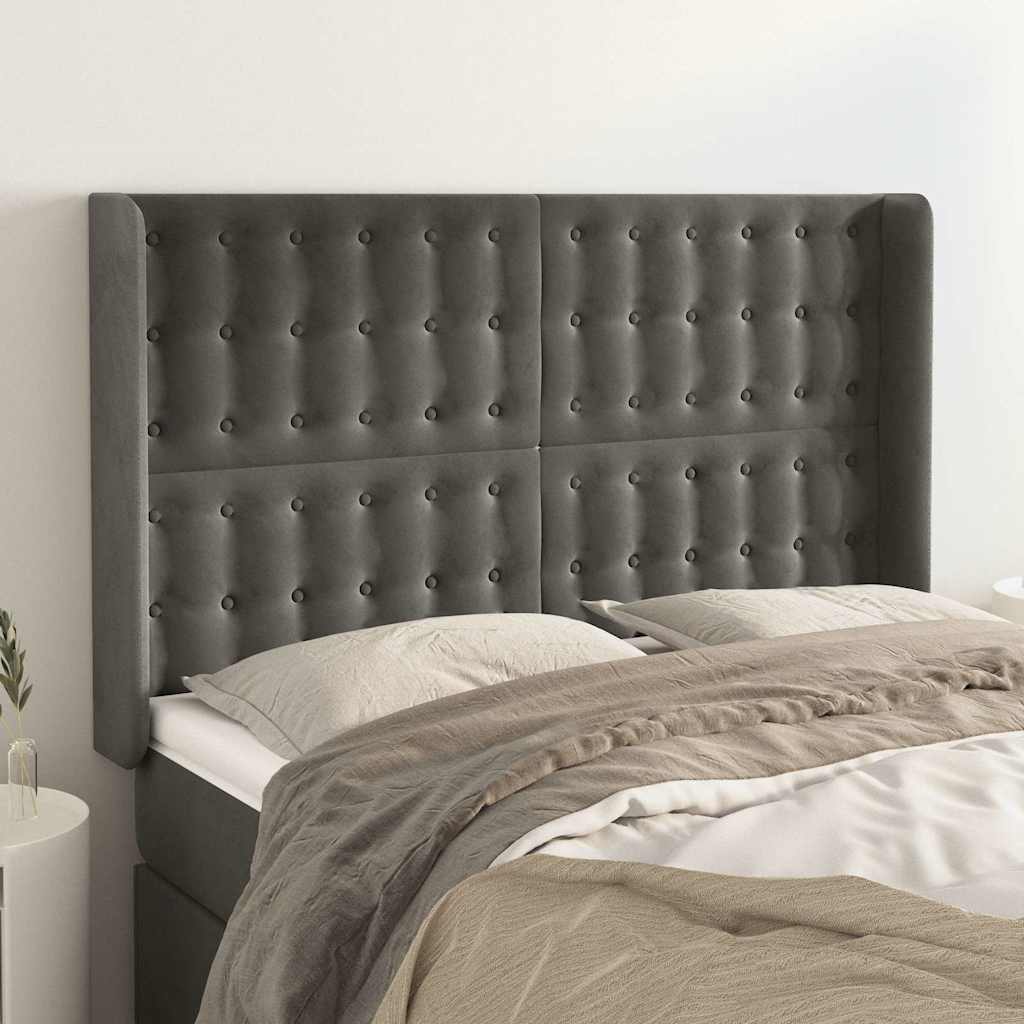 sengegavl med kanter 147x16x118/128 cm fløjl mørkegrå