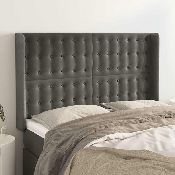 sengegavl med kanter 147x16x118/128 cm fløjl mørkegrå