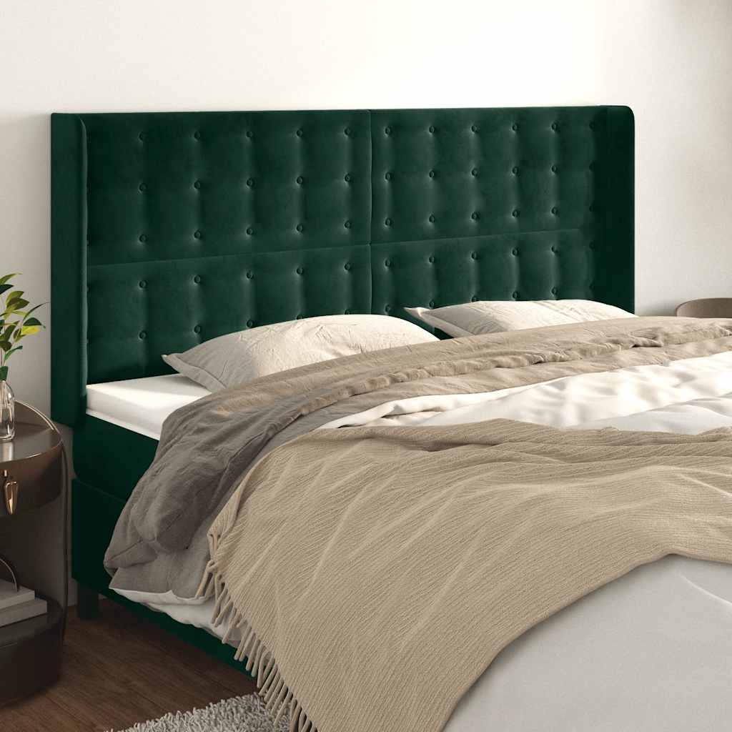 sengegavl med kanter 203x16x118/128 cm fløjl mørkegrøn