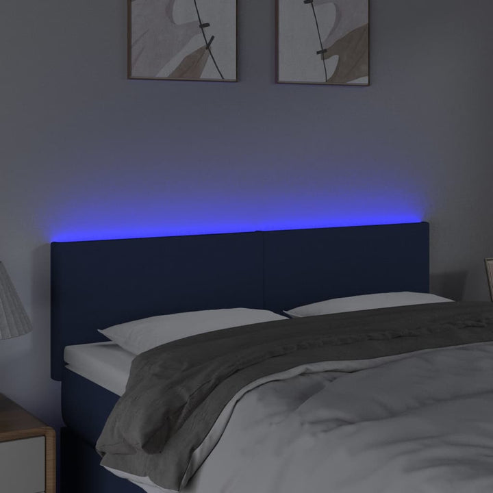 sengegavl med LED-lys 144x5x78/88 cm stof blå