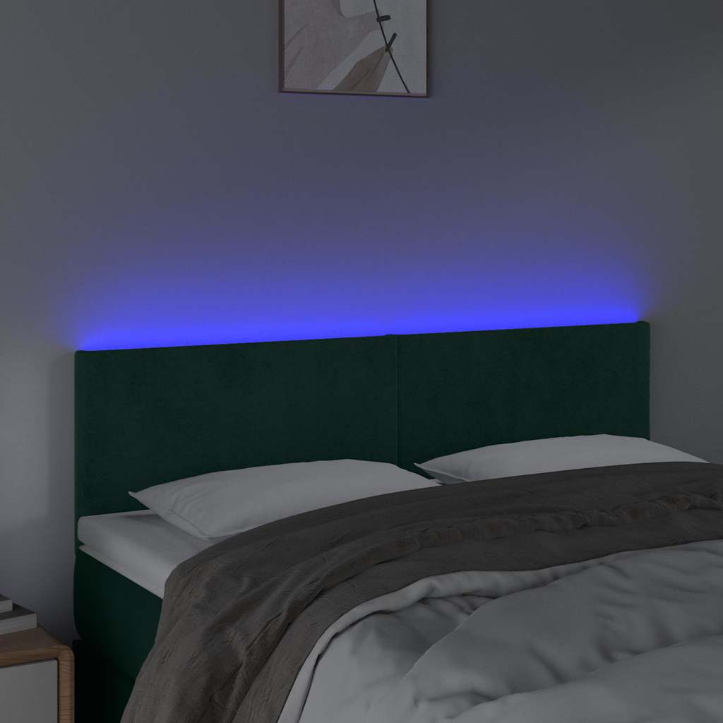sengegavl med LED-lys 144x5x78/88 cm fløjl mørkegrøn