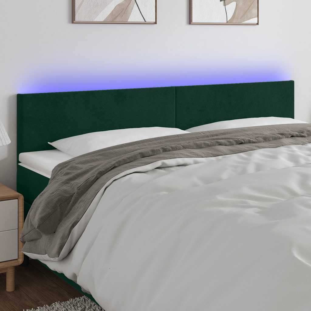 sengegavl med LED-lys 200x5x78/88 cm fløjl mørkegrøn