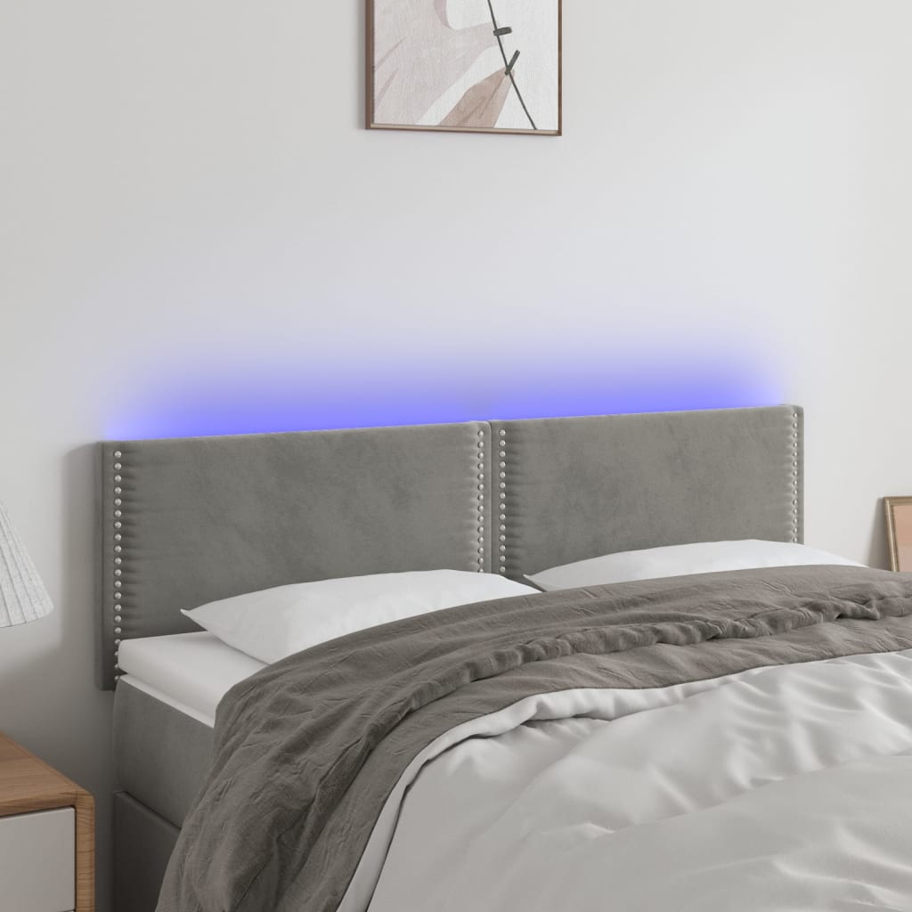 sengegavl med LED-lys 144x5x78/88 cm fløjl lysegrå