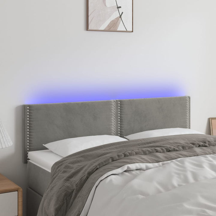 sengegavl med LED-lys 144x5x78/88 cm fløjl lysegrå