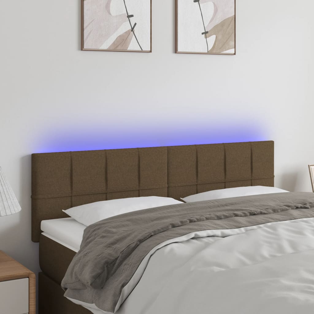 sengegavl med LED-lys 144x5x78/88 cm stof mørkebrun