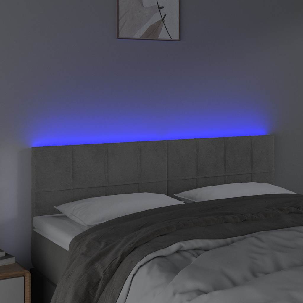 sengegavl med LED-lys 144x5x78/88 cm fløjl lysegrå