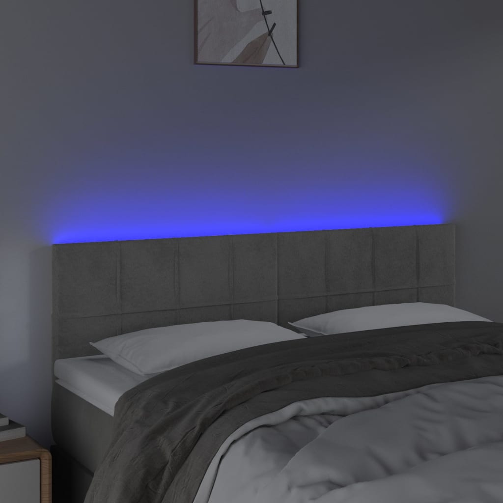 sengegavl med LED-lys 144x5x78/88 cm fløjl lysegrå