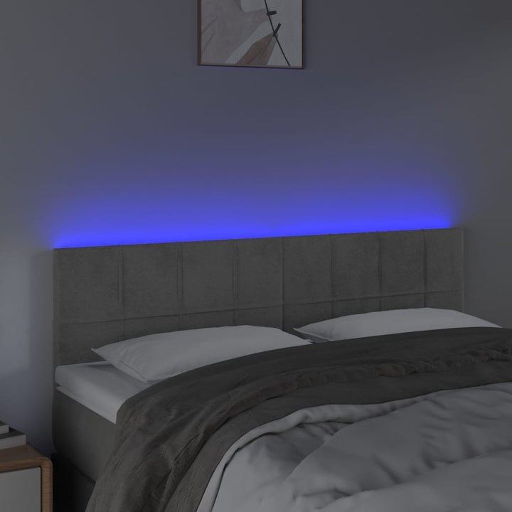 sengegavl med LED-lys 144x5x78/88 cm fløjl lysegrå