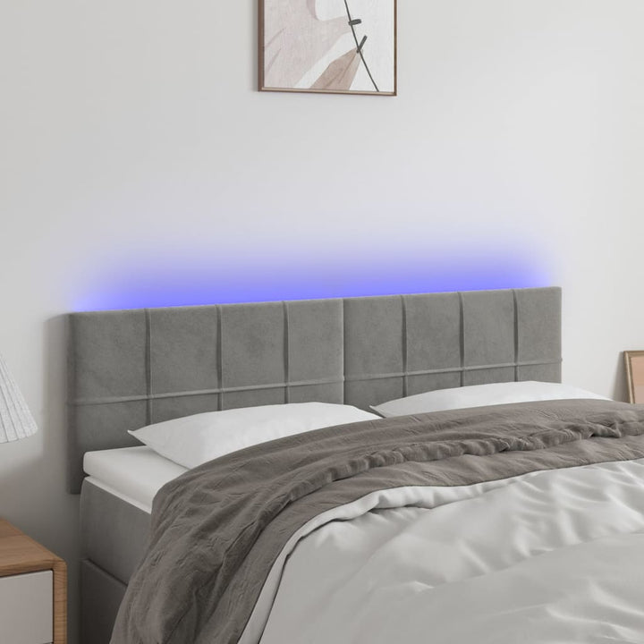 sengegavl med LED-lys 144x5x78/88 cm fløjl lysegrå
