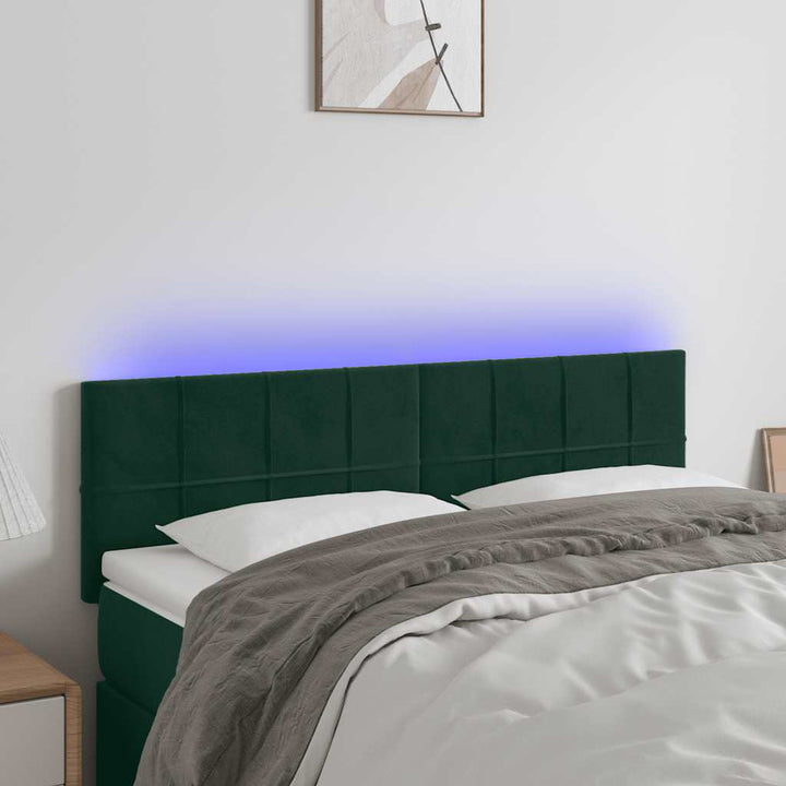 sengegavl med LED-lys 144x5x78/88 cm fløjl mørkegrøn