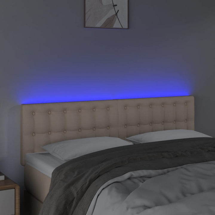 sengegavl med LED-lys 144x5x78/88cm kunstlæder cappuccinofarvet