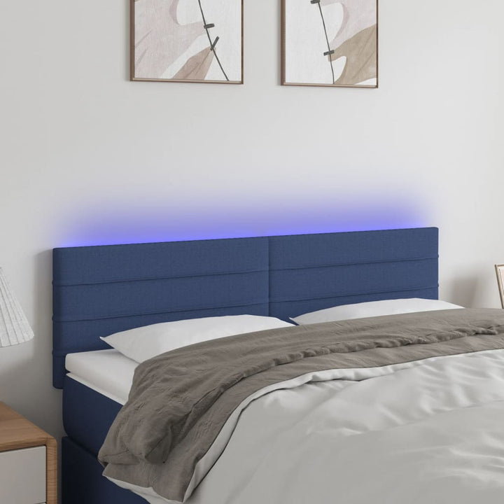 sengegavl med LED-lys 144x5x78/88 cm stof blå
