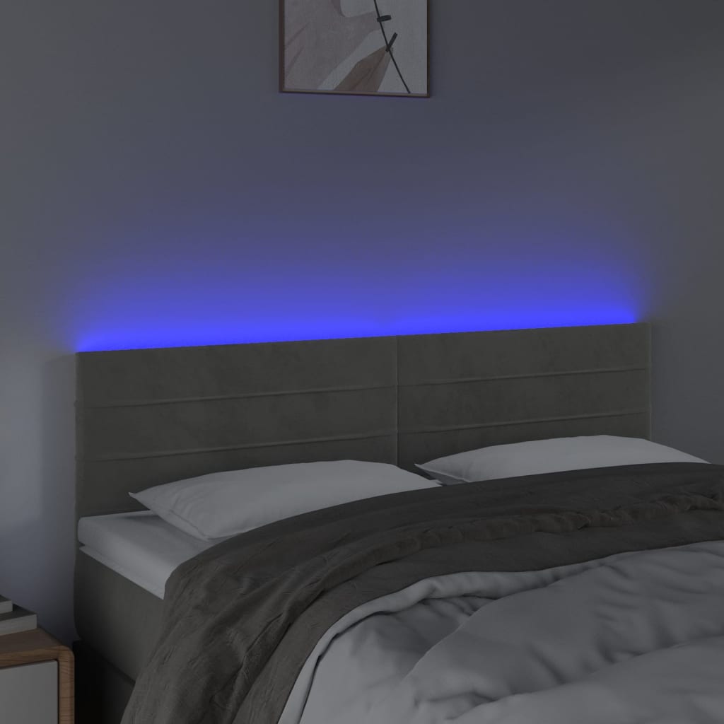 sengegavl med LED-lys 144x5x78/88 cm fløjl lysegrå