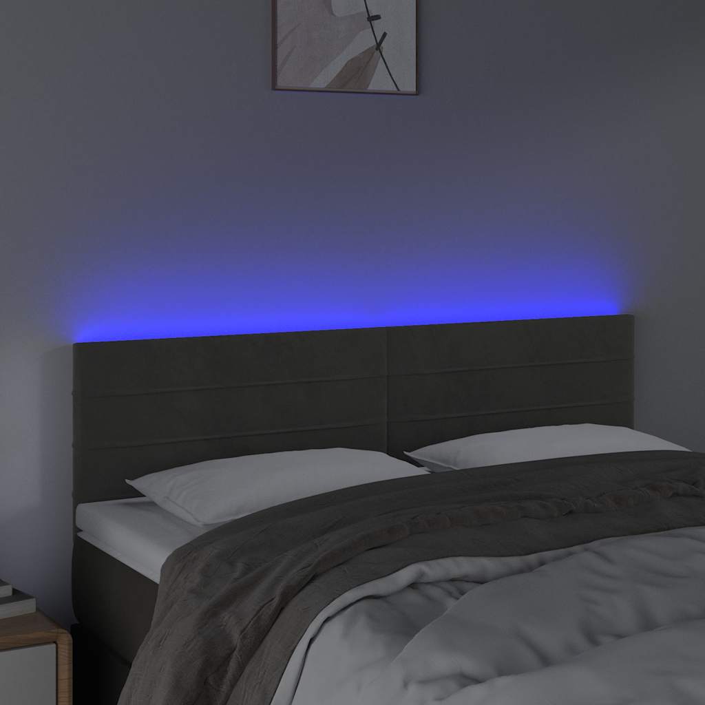 sengegavl med LED-lys 144x5x78/88 cm fløjl mørkegrå