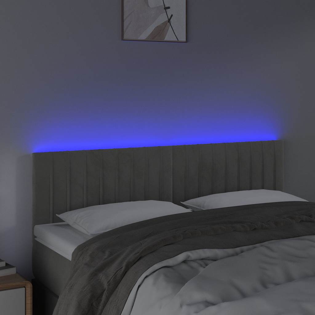 sengegavl med LED-lys 144x5x78/88 cm fløjl lysegrå