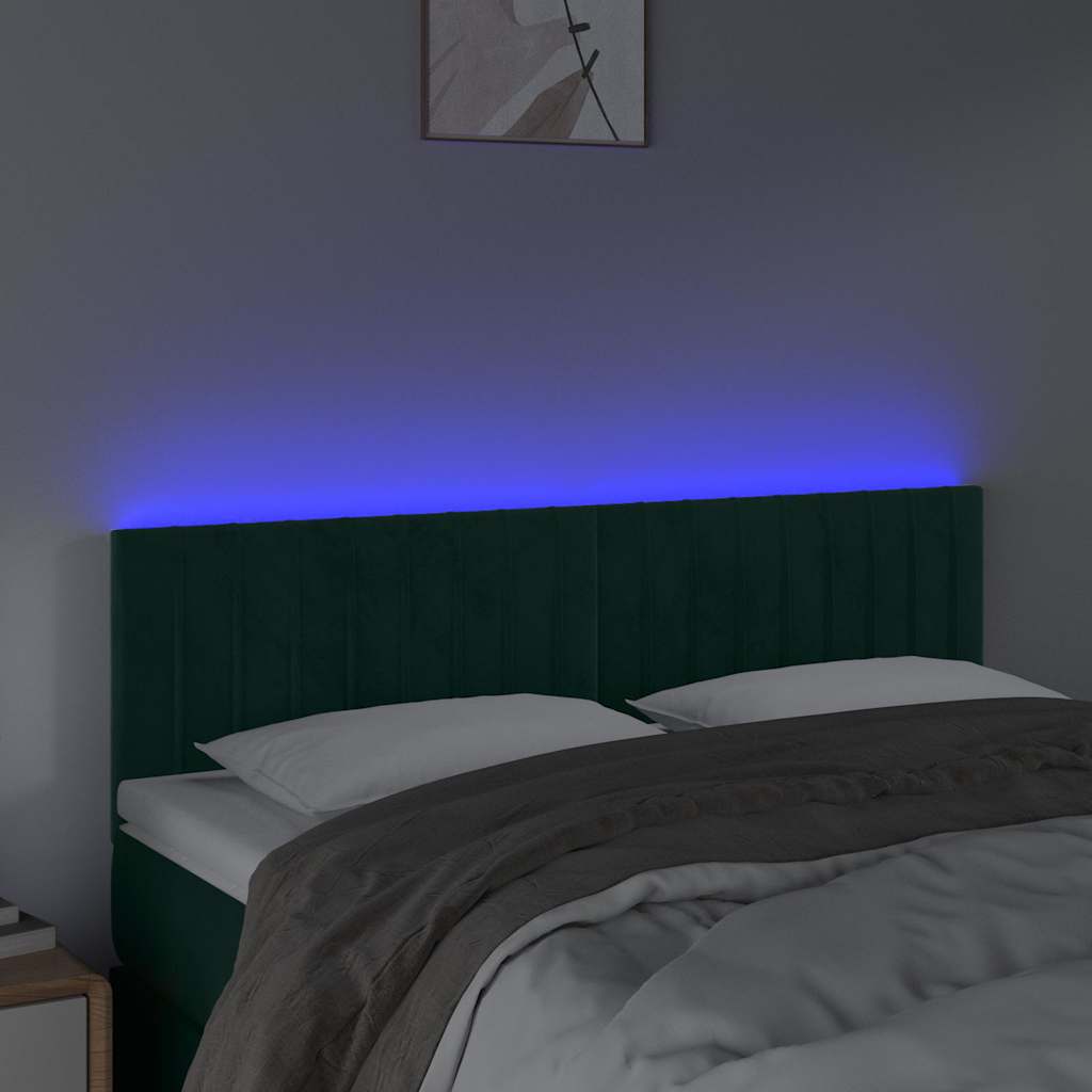 sengegavl med LED-lys 144x5x78/88 cm fløjl mørkegrøn