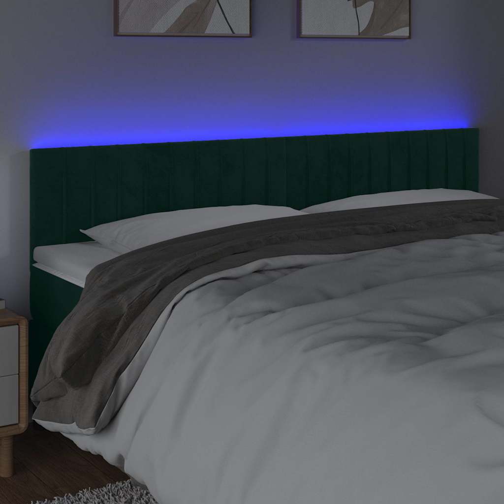 sengegavl med LED-lys 200x5x78/88 cm fløjl mørkegrøn