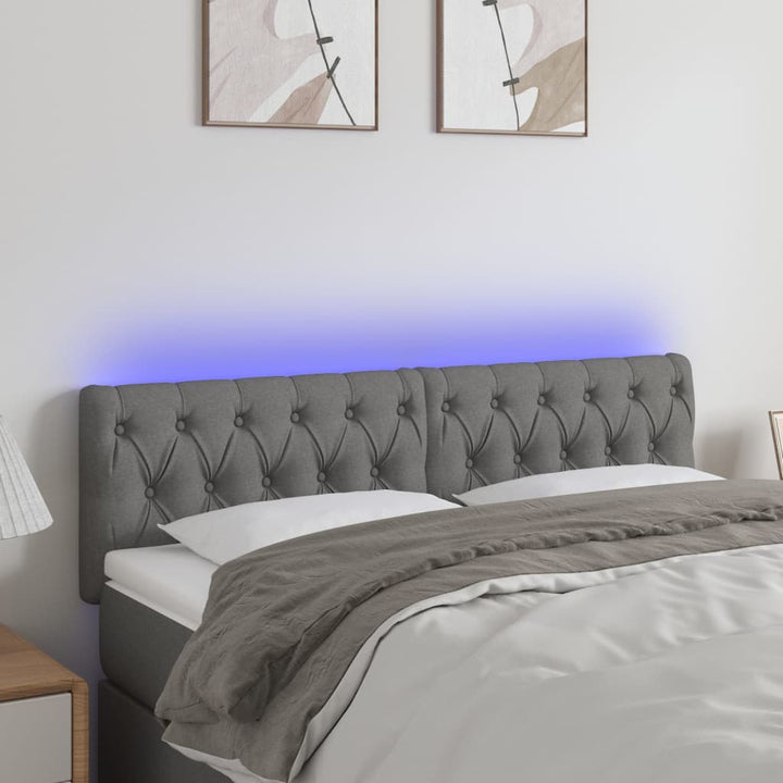 sengegavl med LED-lys 144x7x78/88 cm stof mørkegrå