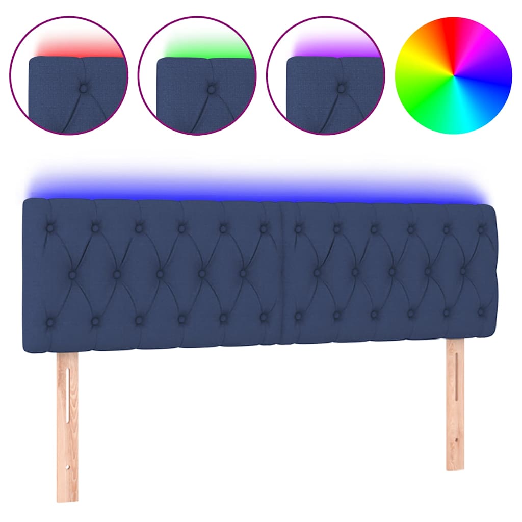 sengegavl med LED-lys 144x7x78/88 cm stof blå