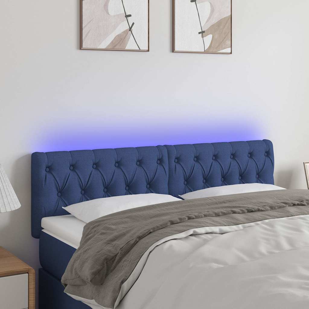 sengegavl med LED-lys 144x7x78/88 cm stof blå