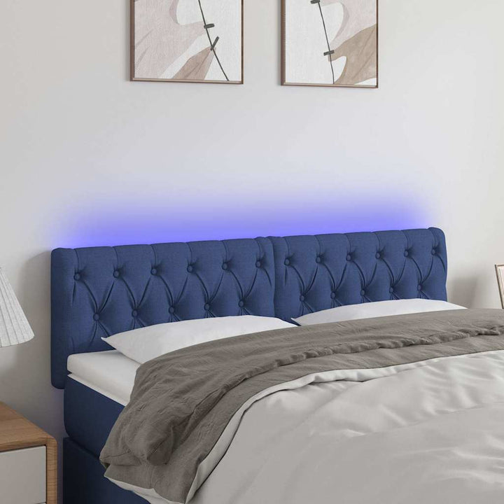 sengegavl med LED-lys 144x7x78/88 cm stof blå
