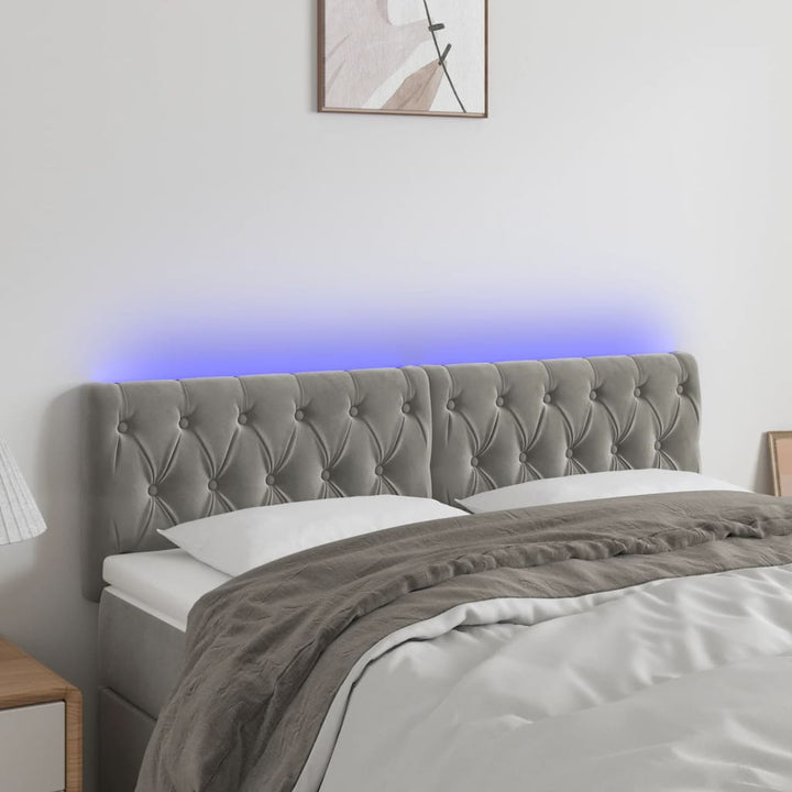 sengegavl med LED-lys 144x7x78/88 cm velour lysegrå