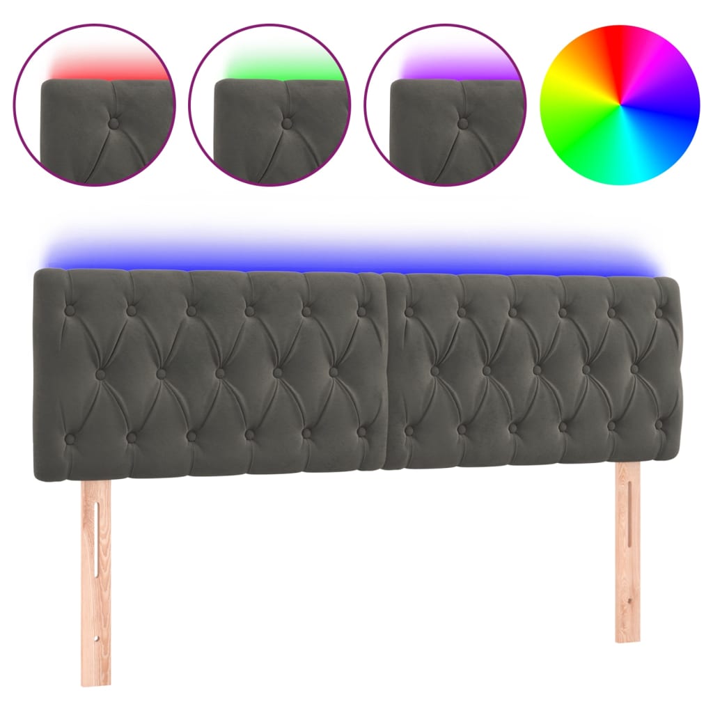 sengegavl med LED-lys 144x7x78/88 cm velour mørkegrå