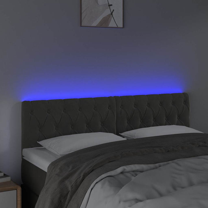sengegavl med LED-lys 144x7x78/88 cm velour mørkegrå
