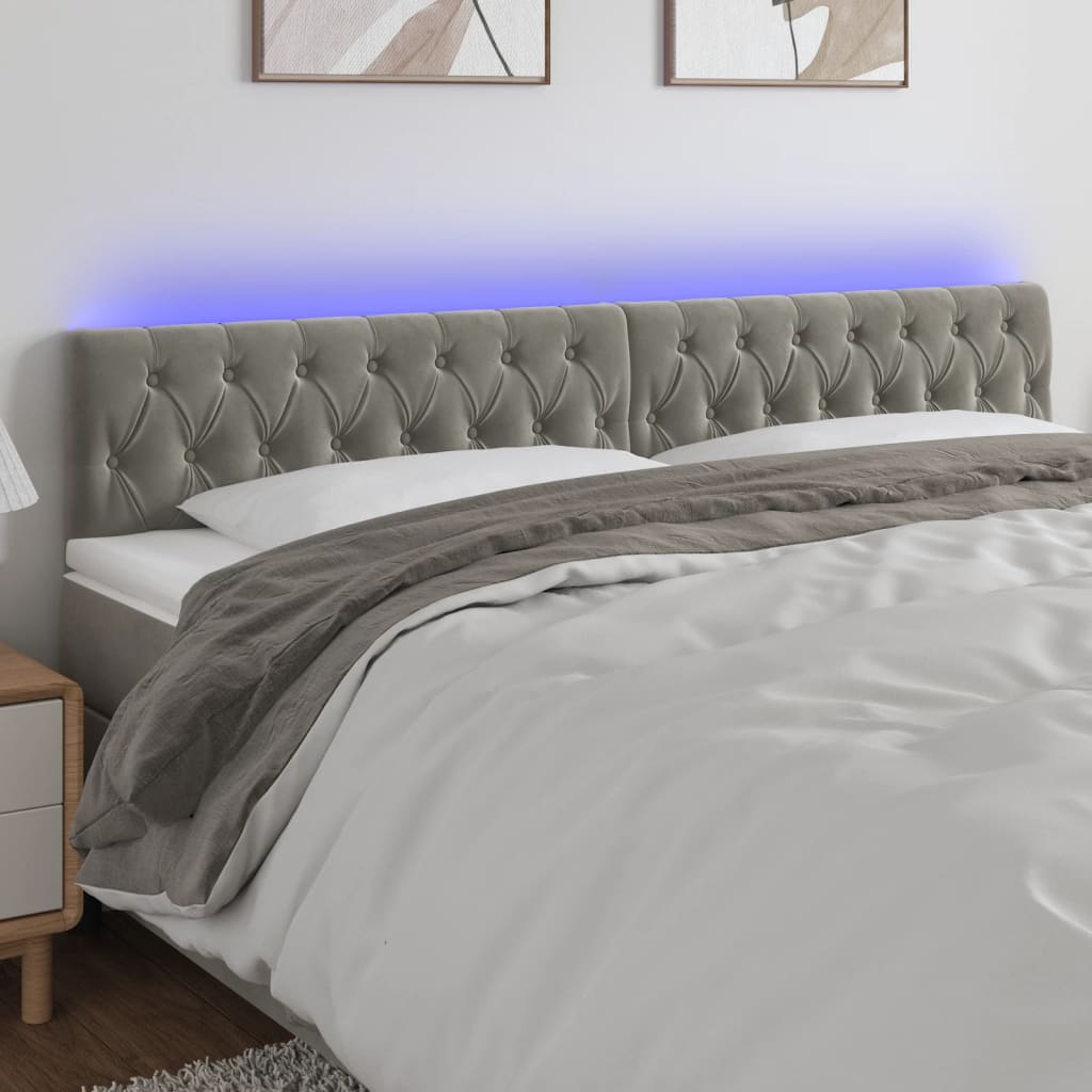 sengegavl med LED-lys 180x7x78/88 cm velour lysegrå