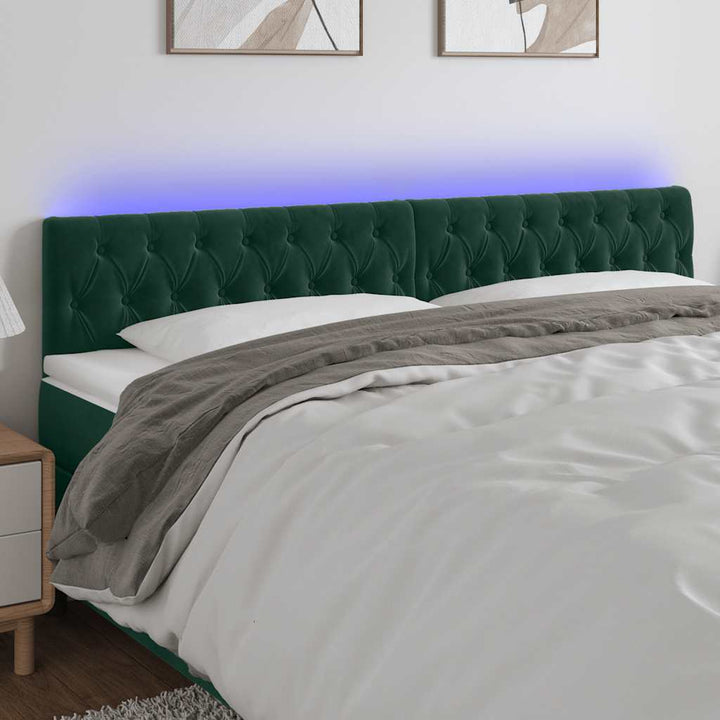 sengegavl med LED-lys 200x7x78/88 cm velour mørkegrøn