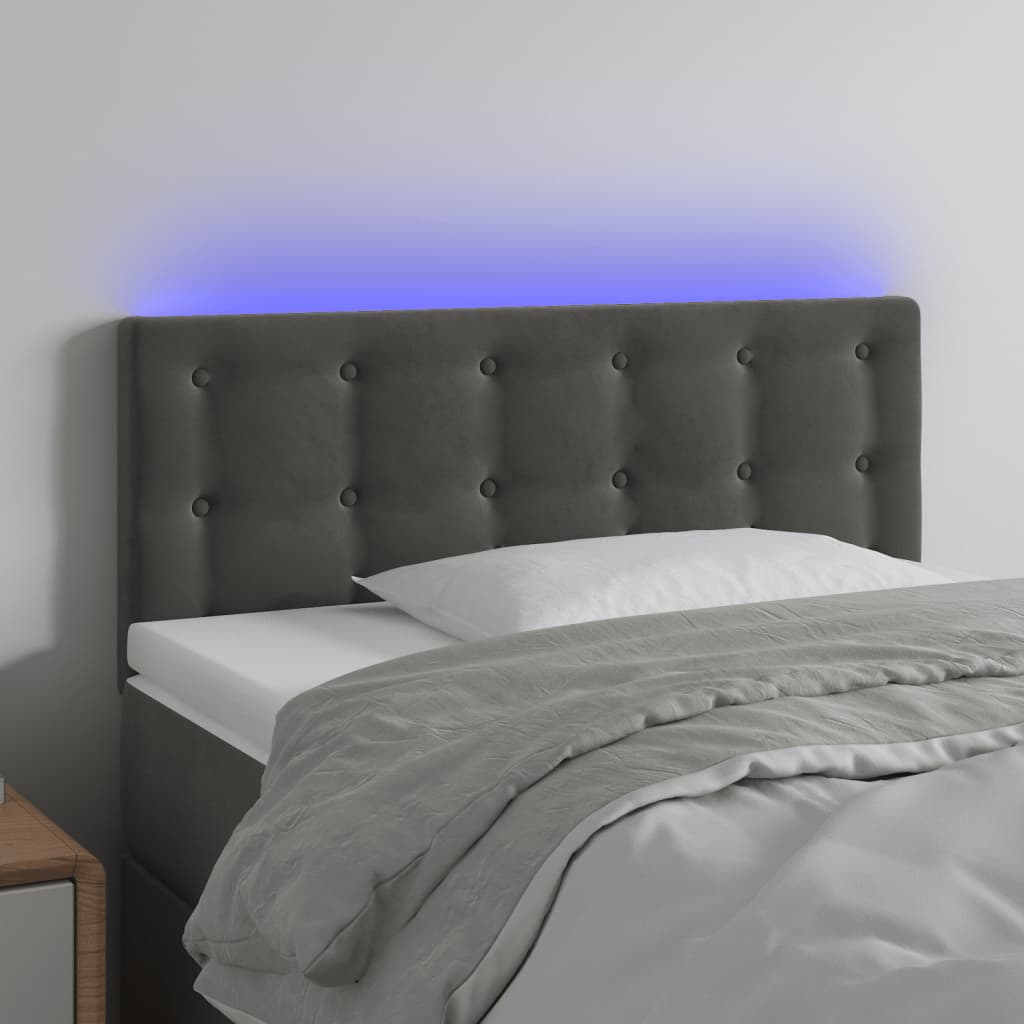 sengegavl med LED-lys 100x5x78/88 cm fløjl mørkegrå