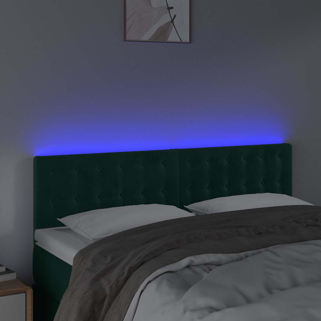 sengegavl med LED-lys 144x5x78/88 cm fløjl mørkegrøn