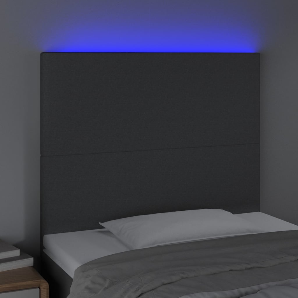 sengegavl med LED-lys 80x5x118/128 cm stof mørkegrå