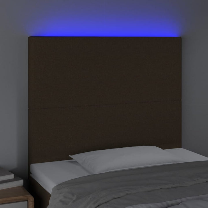 sengegavl med LED-lys 90x5x118/128 cm stof mørkebrun